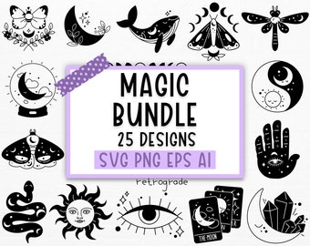 May include: A set of 25 black and white illustrations featuring magical and mystical symbols, including a crescent moon, a whale, a dragonfly, a moth, a sun, an eye, a hand, a snake, a crystal, and a tarot card. The text "MAGIC BUNDLE 25 DESIGNS SVG PNG EPS AI" is displayed on a purple background.
