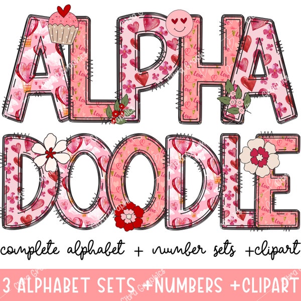 Valentines Doodle Alfabetletters PNG, Clip Art, Doodle Alpha Bundle, Valentines Letters, Maak je eigen naam, Valentines Font PNG