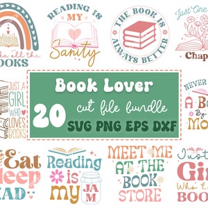 Pu&ograve; includere: Un set di 20 file di taglio a tema amante dei libri in formato SVG, PNG, EPS e DXF. I design presentano varie citazioni e illustrazioni legate ai libri, tra cui "La lettura &egrave; la mia sanit&agrave; mentale", "Solo una ragazza che ama i libri" e "Incontrati con me alla libreria".