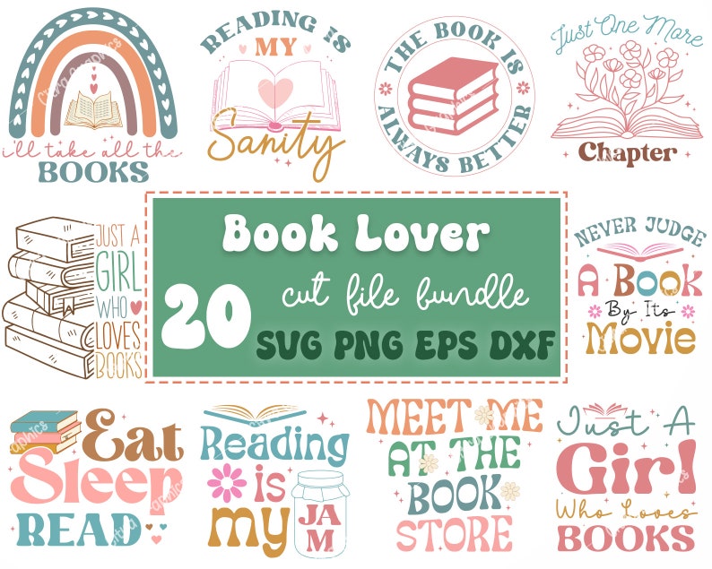 Pu&ograve; includere: Un set di 20 file di taglio a tema amante dei libri in formato SVG, PNG, EPS e DXF. I design presentano varie citazioni e illustrazioni legate ai libri, tra cui "La lettura &egrave; la mia sanit&agrave; mentale", "Solo una ragazza che ama i libri" e "Incontrati con me alla libreria".