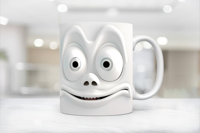 May include: White ceramic coffee mug with a cartoon face. The mug has large eyes, a wide smile, and a small nose.
