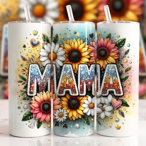 Sunflowers Mama Tumbler Wrap 20 oz Skinny Tumbler PNG Mama Sublimation Design Glitter Leopard Mom Life Seamless Mother&#39;s Day Tumbler Wrap