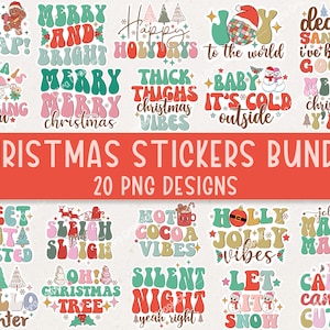 Christmas Stickers Png Bundle, Retro Digital Christmas Printable Stickers png, Merry and Bright png, Planner printable stickers, Png