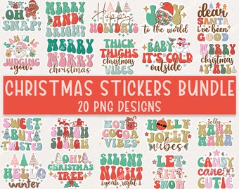 May include: A set of 20 digital Christmas sticker designs featuring festive phrases and illustrations in a retro style. The stickers include phrases like "Merry Christmas", "Oh Snap!" and "Thick Thighs Christmas Vibes".