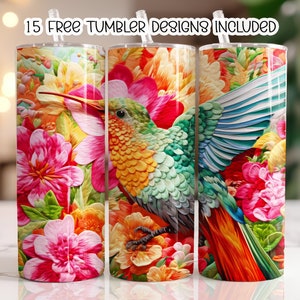 3D Embroidered Hummingbird Tumbler Wrap, 20 oz Skinny Tumbler Sublimation Design, Straight Tumbler Wrap, Download PNG