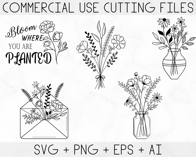 Pu&ograve; includere: Un set di quattro illustrazioni floreali in bianco e nero in linea. Le illustrazioni presentano mazzi di fiori in diverse disposizioni, tra cui un vaso, un barattolo e una busta. Il testo "Bloom Where You Are Planted" &egrave; incluso nell'immagine.