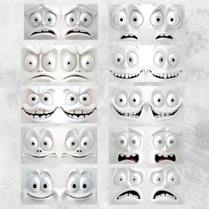 May include: A set of 10 white cartoon faces with different expressions, including surprised, angry, and happy. The faces are all in a simple, cartoon style.