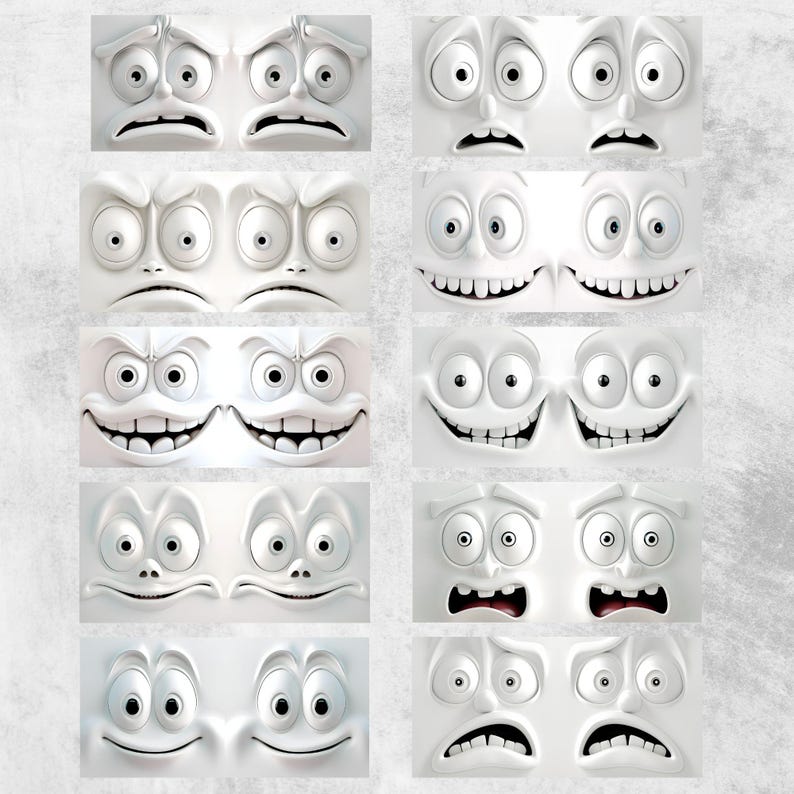 May include: A set of 10 white cartoon faces with different expressions, including surprised, angry, and happy. The faces are all in a simple, cartoon style.
