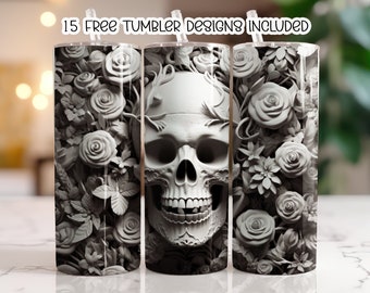 3D Skull Flowers 20 oz Skinny Tumbler Sublimation Design, Straight Tumbler Wrap PNG, Instant Download, Digital Download