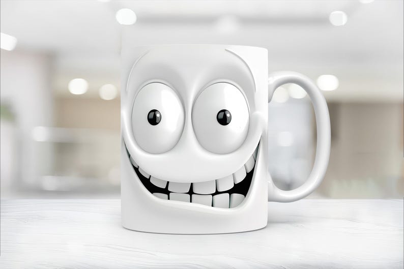 May include: White ceramic mug with a cartoon face with big eyes and a wide smile. The mug has a handle on the right side.