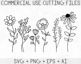 Fiori di campo in formato SVG, floreale in formato SVG, fiore selvatico in formato SVG, schizzo di fiori in formato SVG, cricut e silhouette, Download istantaneo