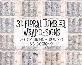 May include: A collage of 35 white 20 ounce skinny tumbler wrap designs featuring 3D floral patterns. The designs include various floral arrangements, including roses, daisies, and other flowers. The text "3D Floral Tumbler Wrap Designs" and "20 oz Skinny Bundle 35 Designs" is included in the image.
