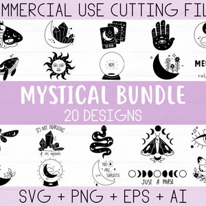 May include: A set of 20 mystical design illustrations, including a crescent moon, a crystal, a snake, a dragonfly, a moth, an eye, a sun, a whale, a hand with an eye, a crystal ball, a moon with flowers, a yin yang symbol, and a moon with stars. The text "BUT MERCURY IS IN RETROGRADE" is included in the image.