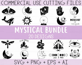 May include: A set of 20 mystical design illustrations, including a crescent moon, a crystal, a snake, a dragonfly, a moth, an eye, a sun, a whale, a hand with an eye, a crystal ball, a moon with flowers, a yin yang symbol, and a moon with stars. The text "BUT MERCURY IS IN RETROGRADE" is included in the image.