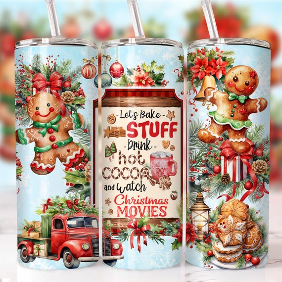 Weihnachten dünner Becher 20 Unzen Sublimationsverpackung, Lasst uns Sachen backen, heißen Kakao trinken und Weihnachtsfilme PNG ansehen, Gerade Wrap Sublimation