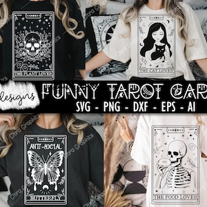 Lustige Tarotkarten Bundle SVG, Tarotkarten svg, lustige Tarotkarten svg, Skelett png, Schädel png, mystisch, Sublimation PNG