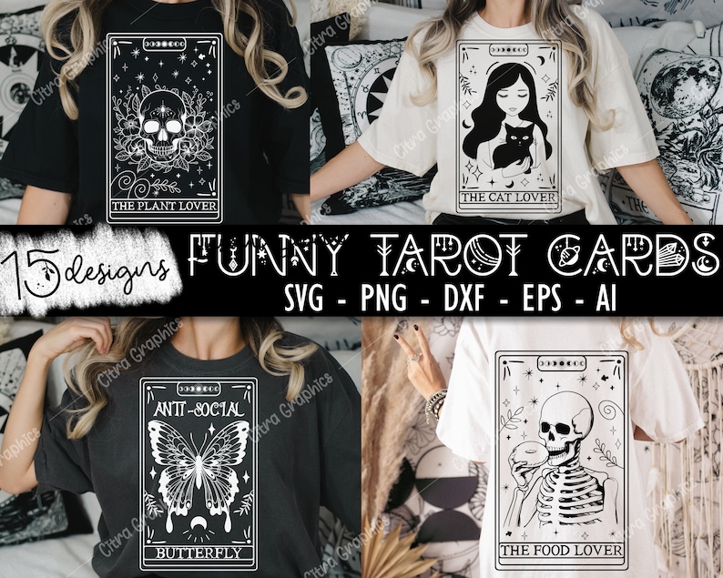 May include: A set of 15 funny tarot card designs featuring a variety of illustrations, including a skull, a cat, a butterfly, and a skeleton. The designs are in black and white and have a whimsical, modern style. The text on the cards reads "The Plant Lover", "The Cat Lover", "Anti-Social Butterfly", and "The Food Lover".