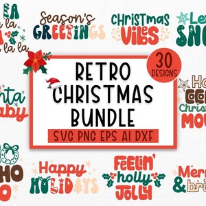 May include: A collection of 30 retro Christmas designs in a bundle. The designs feature festive phrases like "Season's Greetings", "Christmas Vibes", "Let it Snow", "Santa Baby", "Hot Cocoa Christmas Movies", "Ho Ho Ho", "Happy Holidays", "Feelin' Holly Jolly", and "Merry & Bright". The designs are in a variety of colors, including red, green, white, and brown. The designs are perfect for creating Christmas cards, gift tags, ornaments, and other festive crafts.