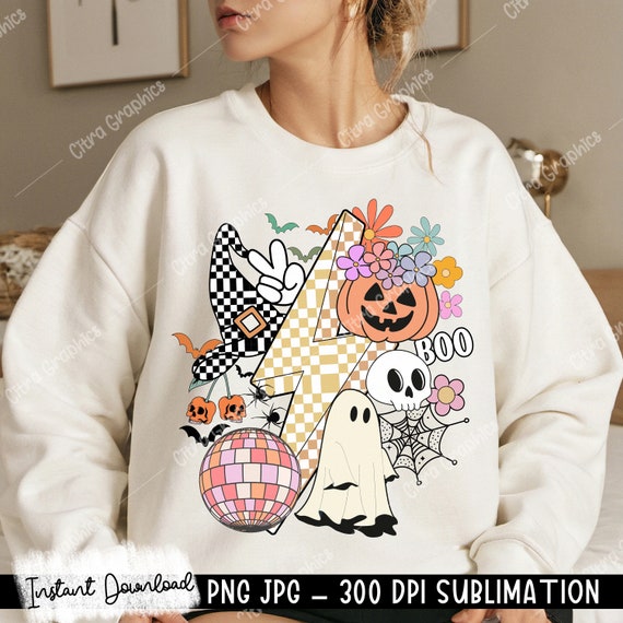 Retro Halloween Png, T Shirt Design, Spooky Season Png, Checkered Lightning, Retro Sublimation, Halloween Sublimation, Shirt Png