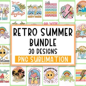 May include: A collection of 30 retro summer themed designs in a bundle. The designs feature various summer icons, such as palm trees, ice cream, lemons, and surfboards. The designs are in a bright and colorful style, with a retro feel. The text "Retro Summer Bundle 30 Designs PNG Sublimation" is displayed in the center of the image.