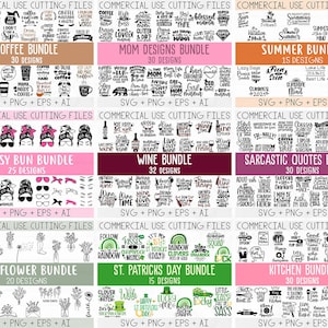 Op de afbeelding: Een collage van negen afbeeldingen die verschillende designbundels voor commercieel gebruik tonen. Elke bundel bevat een verscheidenheid aan SVG-, PNG-, EPS- en AI-bestanden. De bundels omvatten thema's zoals koffie, mama, zomer, rommelige knotjes, wijn, sarcastische citaten, wilde bloemen, St. Patrick's Day en keuken.