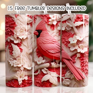 3D Red Cardinal Bird Flowers 20 oz Skinny Tumbler Sublimation Design, Straight Tumbler Wrap, Instant Digital Download PNG, Floral Cardinal