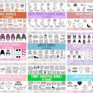 Op de afbeelding: Een digitale collage van negen verschillende bundels met SVG-, PNG-, EPS- en AI-bestanden voor commercieel gebruik. Elke bundel heeft een ander thema, waaronder herfst, geboortemaandbloemen, boho, rommelige knot, winter, inspirerend, grappig kerstmis en christelijk. De bundels zijn gerangschikt in een raster met een witte achtergrond en zwarte tekst.