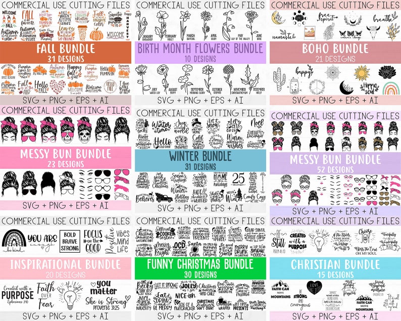 Op de afbeelding: Een digitale collage van negen verschillende bundels met SVG-, PNG-, EPS- en AI-bestanden voor commercieel gebruik. Elke bundel heeft een ander thema, waaronder herfst, geboortemaandbloemen, boho, rommelige knot, winter, inspirerend, grappig kerstmis en christelijk. De bundels zijn gerangschikt in een raster met een witte achtergrond en zwarte tekst.