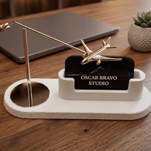 Kinetic Airplane Business Card Holder, Twin-Engine or Four-Engine Passenger Jet Desk Decor