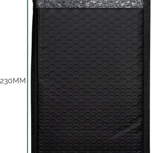 May include: A black bubble mailer with a self-adhesive strip at the top. The text "REMOVE TO EXPOSE ADHESIVE" is printed repeatedly on the white adhesive cover. The mailer measures 230mm in height and 180mm in width as indicated by arrows.