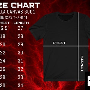 Pu&ograve; includere: Una t-shirt unisex nera con una tabella delle taglie per camicie Bella Canvas 3001. La tabella elenca le misure di petto e lunghezza in pollici per le taglie XS a 4XL. La maglietta &egrave; mostrata con linee che indicano petto e lunghezza.