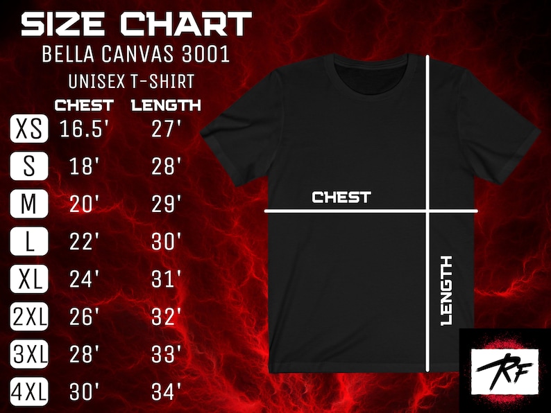 Pu&ograve; includere: Una t-shirt unisex nera con una tabella delle taglie per camicie Bella Canvas 3001. La tabella elenca le misure di petto e lunghezza in pollici per le taglie XS a 4XL. La maglietta &egrave; mostrata con linee che indicano petto e lunghezza.