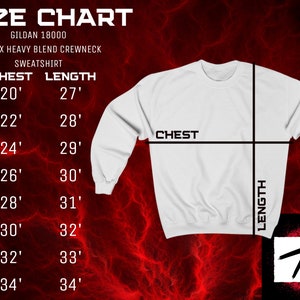 May include: Size chart for a Gildan 18000 unisex heavy blend crewneck sweatshirt. The chart shows chest and length measurements in inches for sizes S through 5XL.