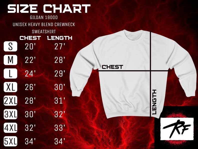 May include: Size chart for a Gildan 18000 unisex heavy blend crewneck sweatshirt. The chart shows chest and length measurements in inches for sizes S through 5XL.
