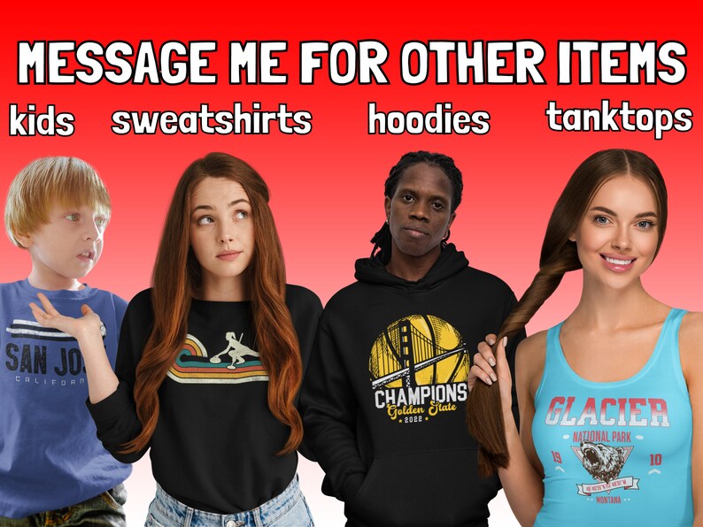 Pu&ograve; includere: Immagine con quattro persone che indossano capi di abbigliamento diversi. Il testo "MESSAGE ME FOR OTHER ITEMS" &egrave; in alto. L'abbigliamento include una maglietta blu, una felpa nera, una felpa con cappuccio nera e una canotta blu. Sono visibili anche le parole "kids", "sweatshirts", "hoodies" e "tanktops".