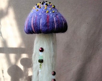 Felted and embroidered jellyfish made of dyed sheep's wool for hanging, handmade, maritime decoration, purple pink