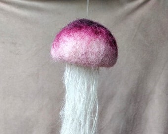 Small felted jellyfish made of dyed sheep's wool for hanging, handmade, pink
