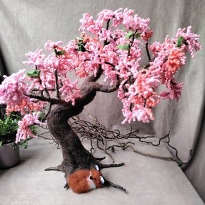 Cherry blossom tree with a small sleeping fox, felted, handmade, spring decoration, highlight for the seasonal table, unique piece