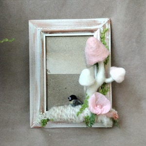 Vintage picture frame with mushroom decoration, mushroom vignette, felted, handmade, mixed material art