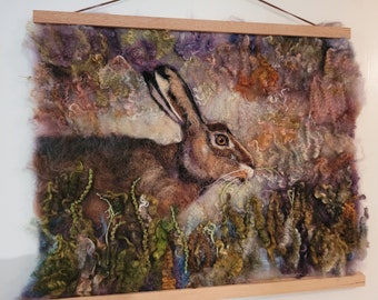 2D picture "Hare", wool picture, felted, handcraft, forest decoration