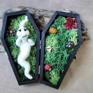Little Halloween ghost in a coffin, fun Halloween decoration, felted, handmade, mixed material art, OOAK