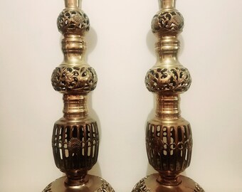 Vintage Tall Brass Altar Church Temple Pillar Candlesticks