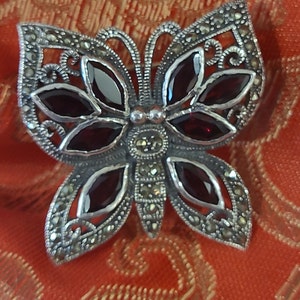 Vintage Sterling, Garnet and Marcasite Butterfly Brooch