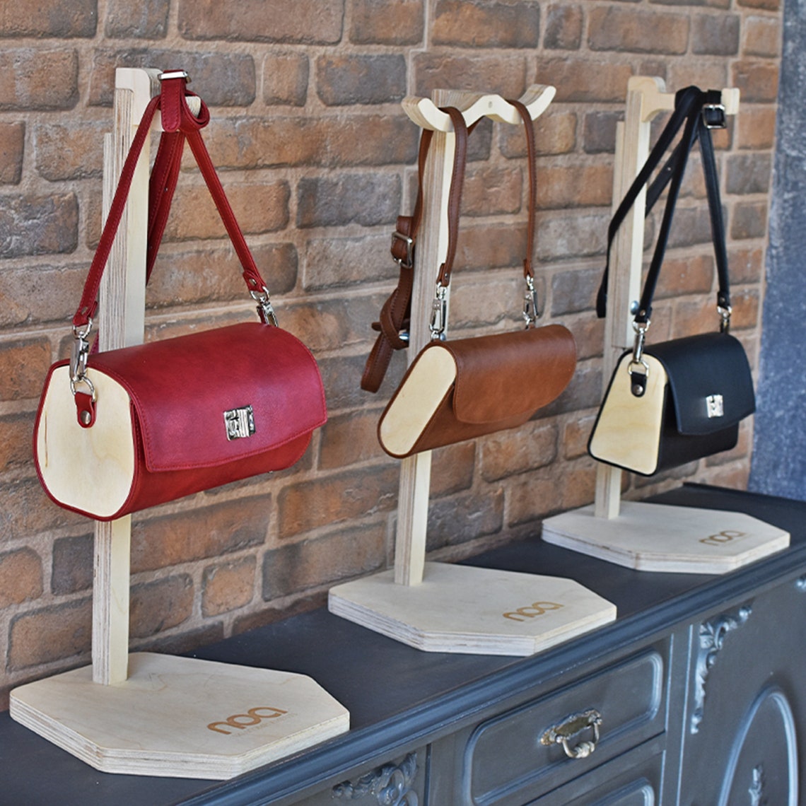 Wooden stand for round spike bags/Handbag display / Handbag Etsy