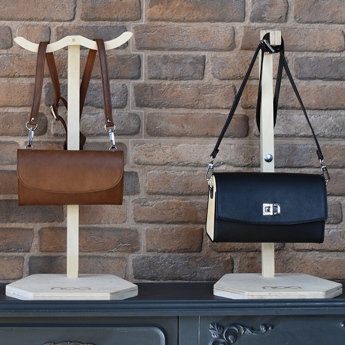 Wooden stand for round spike bags/Handbag display / Handbag Etsy