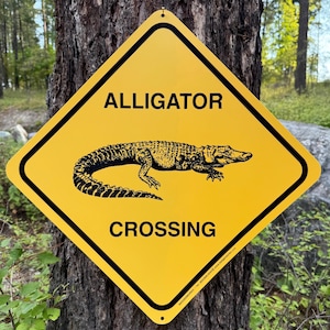 Könnte beinhalten: Gelbes, rautenförmiges Verkehrsschild mit schwarzem Rand und der Aufschrift "ALLIGATOR CROSSING" in Schwarz. In der Mitte befindet sich eine detaillierte Illustration eines Alligators. Das Schild ist an einem Baumstamm befestigt.