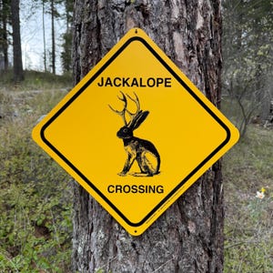 May include: A diamond-shaped yellow metal sign with a black border and black text that reads JACKALOPE CROSSING. The center features a black silhouette illustration of a jackrabbit with antlers. There is a small mounting hole at the top and bottom.