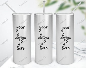 Digital File 20 oz Skinny Stainless Steel Tumbler With Straw Full Wrap View Mockup, Add Your Design, Mockup photoshop PSD