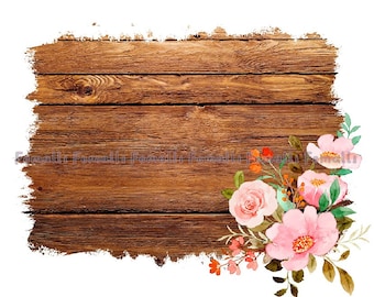 May include: A digital download graphic featuring a rustic wooden plank background with a watercolor floral arrangement. The flowers are pink and peach with green leaves and orange berries. The text "PNG - Digital download" is at the bottom.