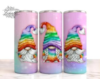 Rainbow Gnome Sparkle Tumbler PNG, Rainbow Gnome 20 oz Skinny Tumbler Wrap, Rainbow 20oz Design Wrap PNG